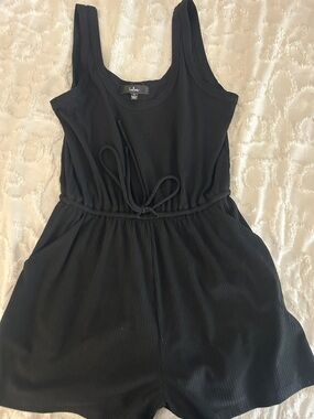Lulu's Black Ribbed Sleeveless Romper Dress with Drawstring Waist